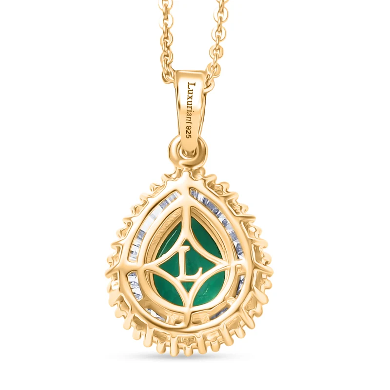 LUXURIANT AAA Labor kolumbianischer Smaragd und Labor Diamant Anhänger mit 50cm Kette, 925 Silber 750 Gelbgold Vermeil - 1,57 ct.