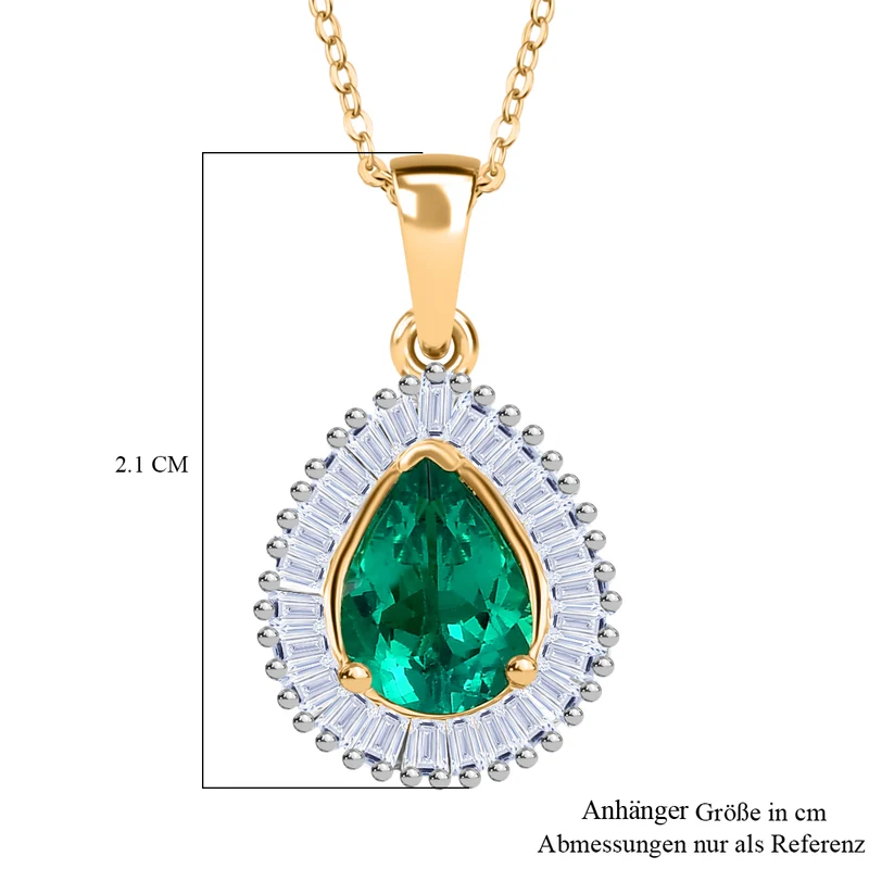 LUXURIANT AAA Labor kolumbianischer Smaragd und Labor Diamant Anhänger mit 50cm Kette, 925 Silber 750 Gelbgold Vermeil - 1,57 ct.