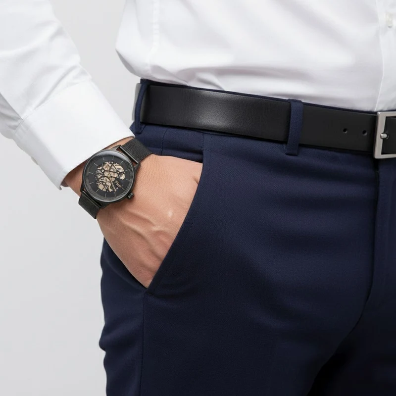 GENOA Automatik Mechanische Uhr mit Schwarzem Sonnenschein-Hohlzifferblatt und Modernem Minimalistischem Runddesign