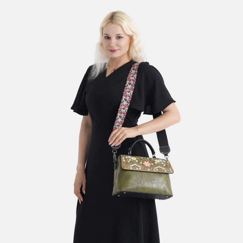 Florale Kunstprint Crossbody-Tasche mit gemustertem Schulterriemen, 29 x 11 x 21 cm, Elfenbein