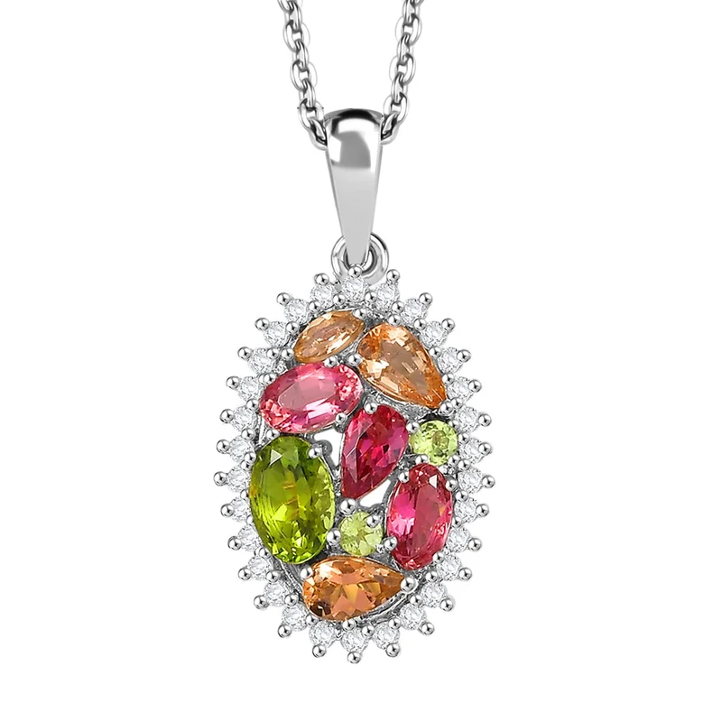 AAA Mehrfarbige Calabar -Turmalin, Weißer Zirkon Anhänger mit Kette ca. 50 cm, 925 Silber rhodiniert ca. 2.00 ct