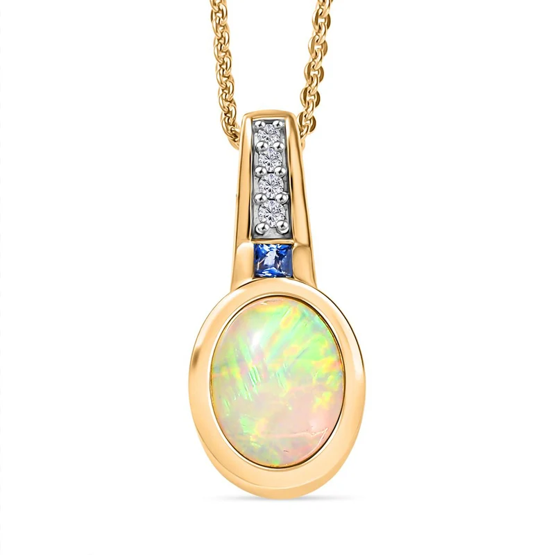D joy Natürlicher, äthiopischer Welo Opal, Ceylon-Saphir Anhänger mit Kette, 925 Silber 750 Gelbgold Vermeil ca. 1.32 ct