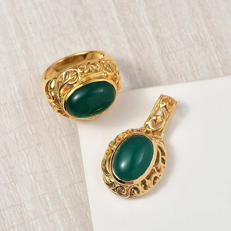 2er Set - Verde Onyx Ring und Anhänger, (Größe 20.00), Nickelfreies Gelb Messing, (5-10 Werktage Lieferzeit) ca. 14.00 ct