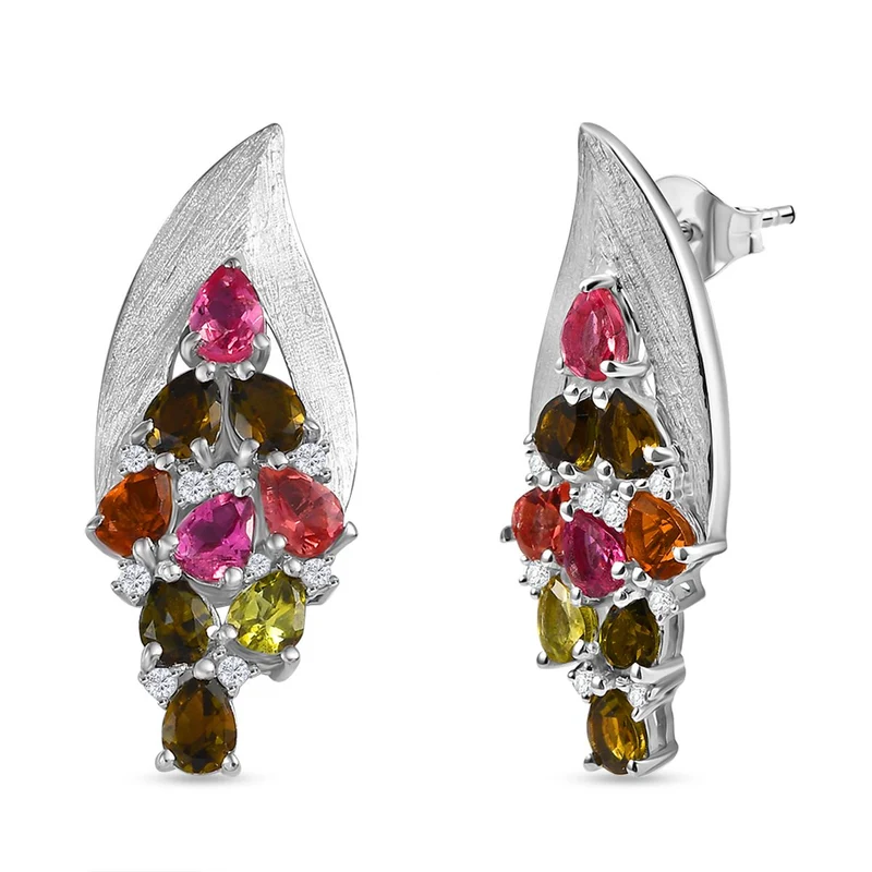 Aurora-Knospen-Mehrfarbig-Turmalin, Weißer Zirkon Ohrringe 925 Silber rhodiniert ca. 2,89 ct.