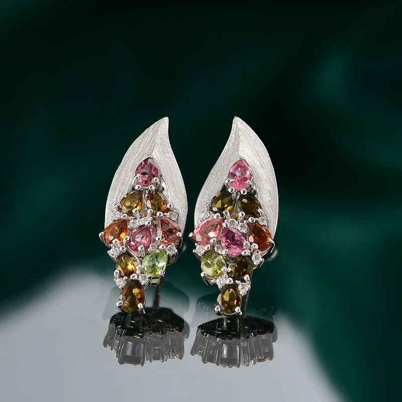 Aurora-Knospen-Mehrfarbig-Turmalin, Weißer Zirkon Ohrringe 925 Silber rhodiniert ca. 2,89 ct.