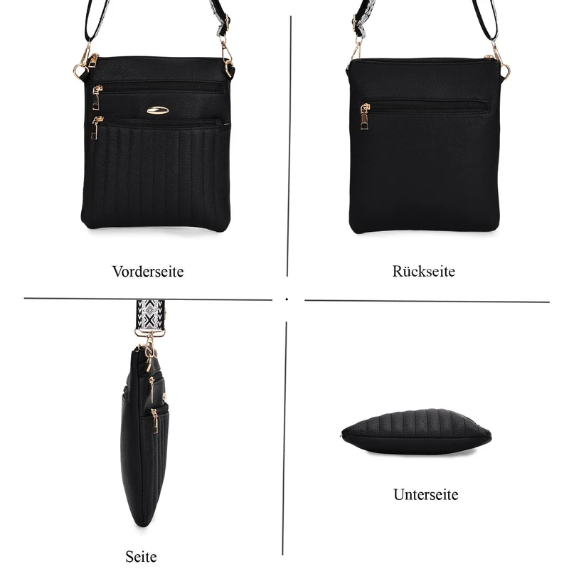 Crossbody-Tasche mit mehreren Reißverschlussfächern, gemustertem Schulterriemen, 23x26 cm, Braun