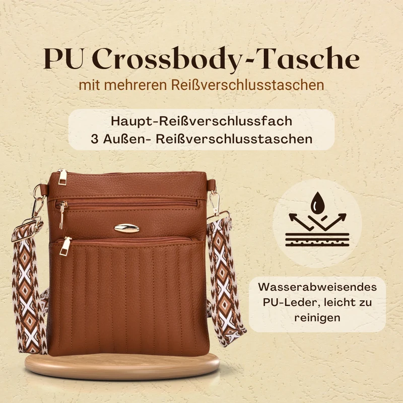Crossbody-Tasche mit mehreren Reißverschlussfächern, gemustertem Schulterriemen, 23x26 cm, Braun