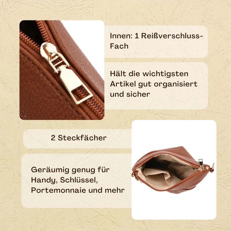 Crossbody-Tasche mit mehreren Reißverschlussfächern, gemustertem Schulterriemen, 23x26 cm, Braun