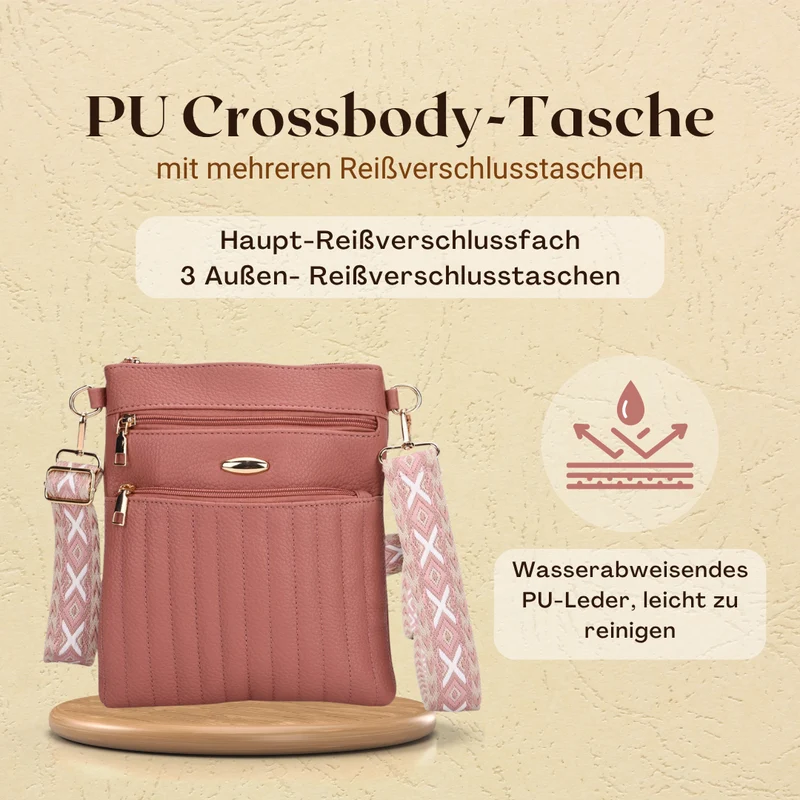 Crossbody-Tasche mit mehreren Reißverschlussfächern, gemustertem Schulterriemen, 23x26 cm, Braun