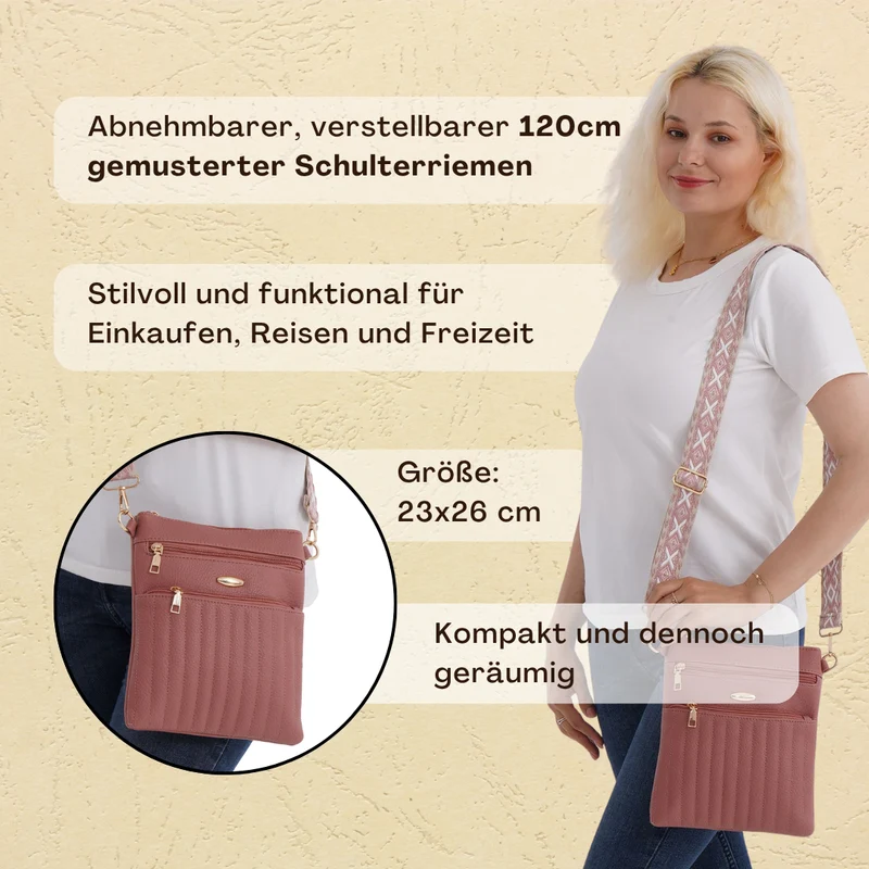 Crossbody-Tasche mit mehreren Reißverschlussfächern, gemustertem Schulterriemen, 23x26 cm, Braun