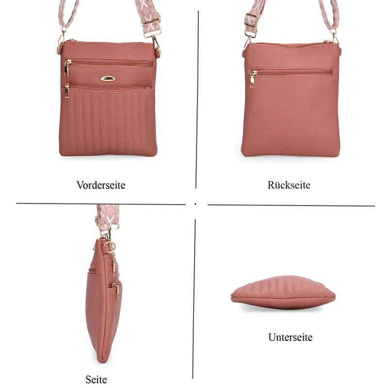 Crossbody-Tasche mit mehreren Reißverschlussfächern, gemustertem Schulterriemen, 23x26 cm, Braun