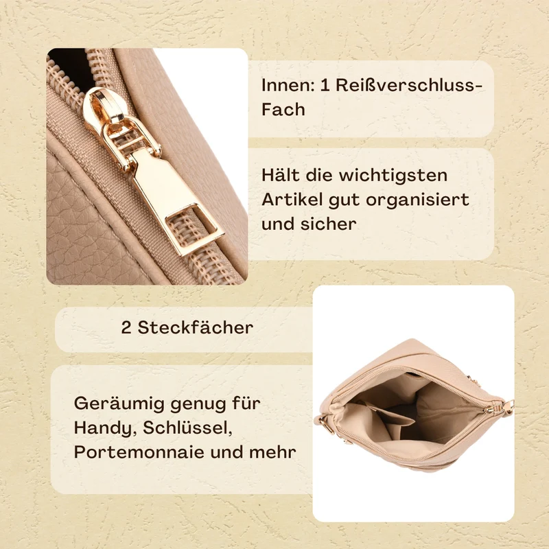 Crossbody-Tasche mit mehreren Reißverschlussfächern, gemustertem Schulterriemen, 23x26 cm, Braun