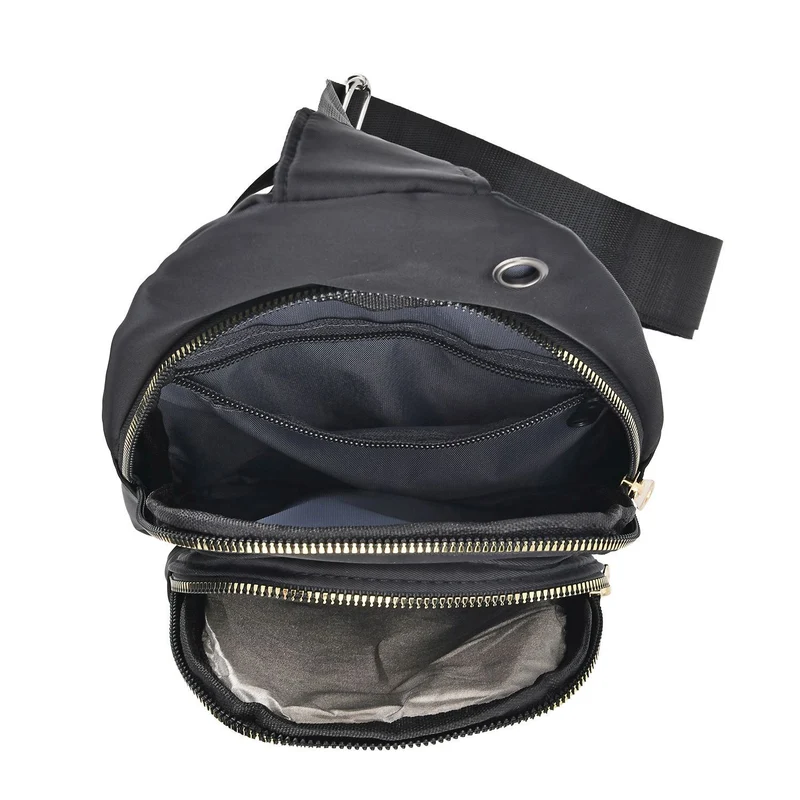 Stepp-Slingtasche mit RFID-Schutz und Kopfhöreröffnung, Größe: 17x7,5x30cm, Schwarz