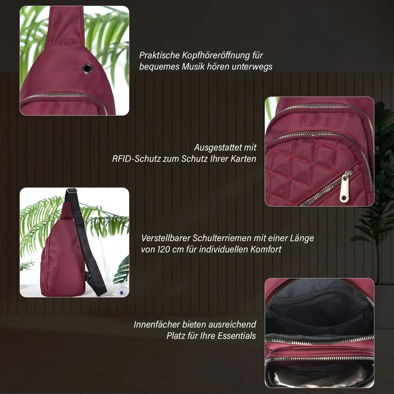 Stepp-Slingtasche mit RFID-Schutz und Kopfhöreröffnung, Größe: 17x7,5x30cm, Schwarz