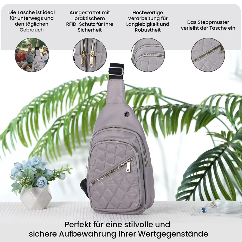 Stepp-Slingtasche mit RFID-Schutz und Kopfhöreröffnung, Größe: 17x7,5x30cm, Schwarz