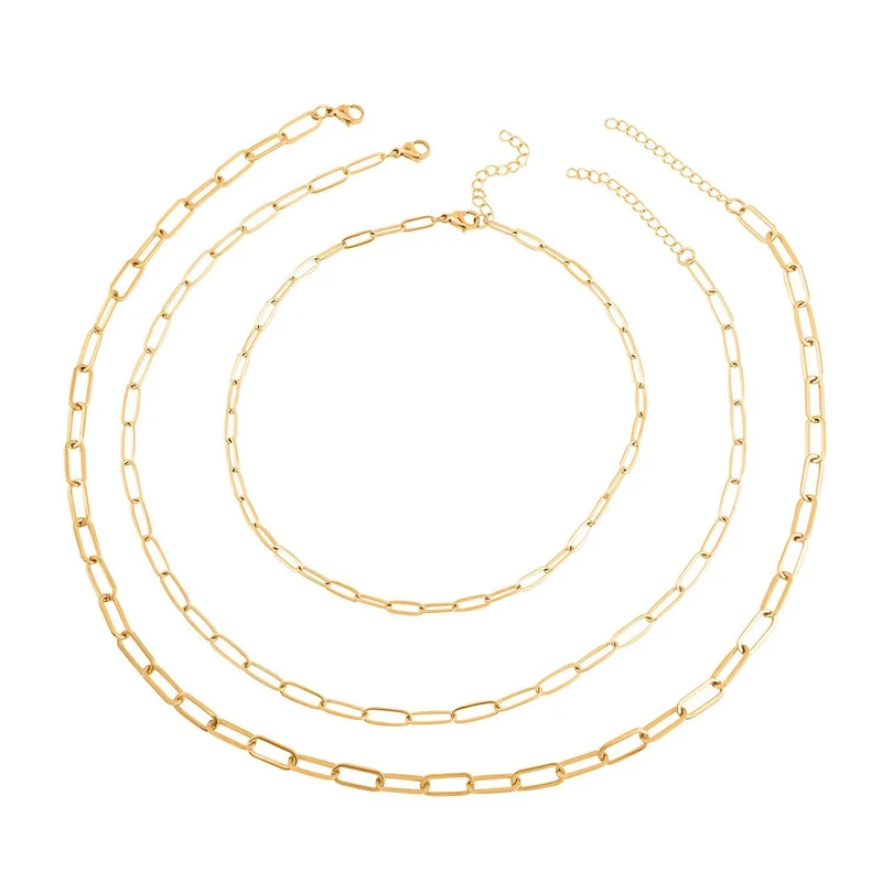 EVER TRUE 3er- Set - Büroklammerketten ca. 46 cm, 56 cm, 65 cm, 316L Edelstahl Goldfarben