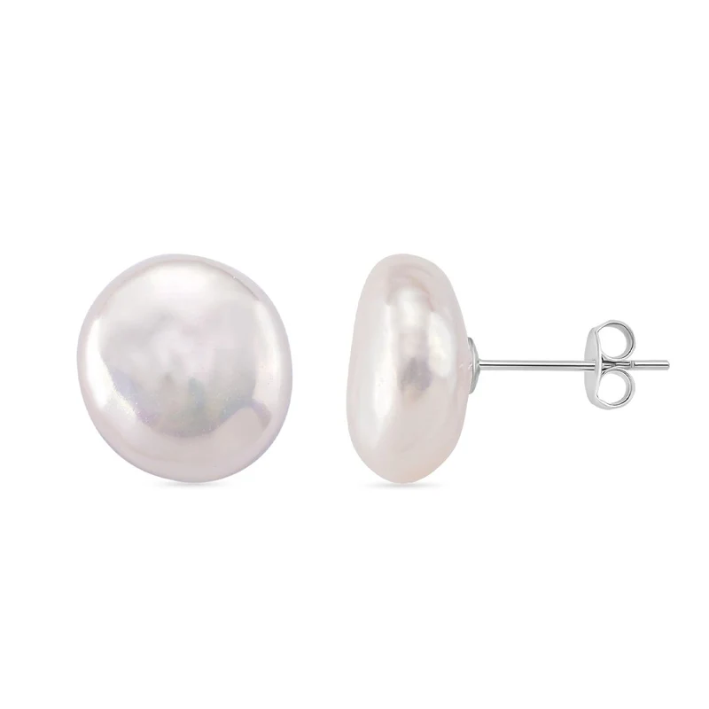 Weiße Keshi Perle (9-11mm) Münz Ohrstecker, 925 Silber rhodiniert