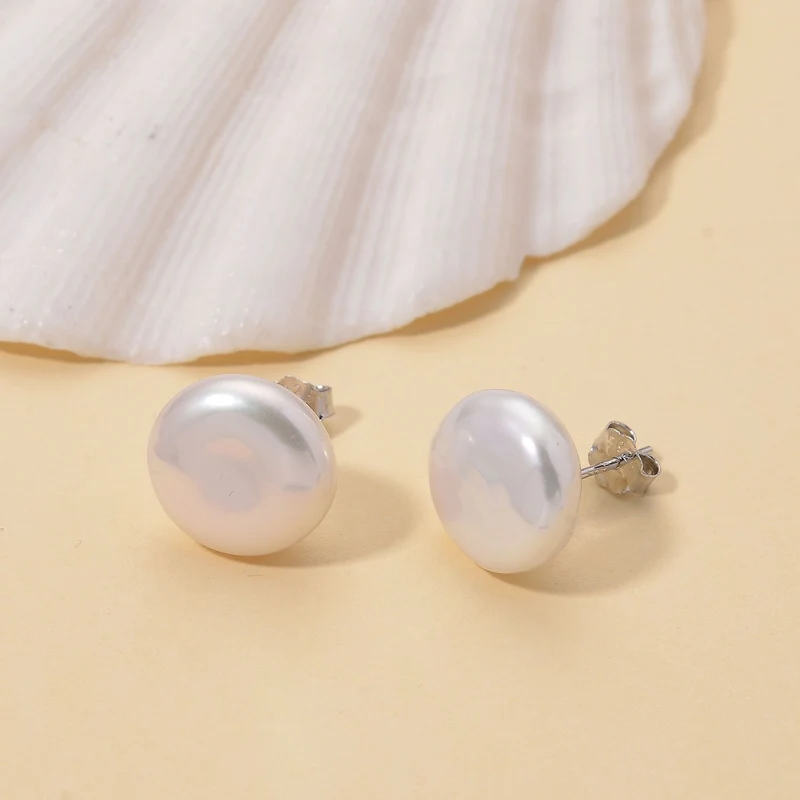 Weiße Keshi Perle (9-11mm) Münz Ohrstecker, 925 Silber rhodiniert