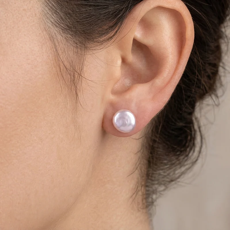 Weiße Keshi Perle (9-11mm) Münz Ohrstecker, 925 Silber rhodiniert