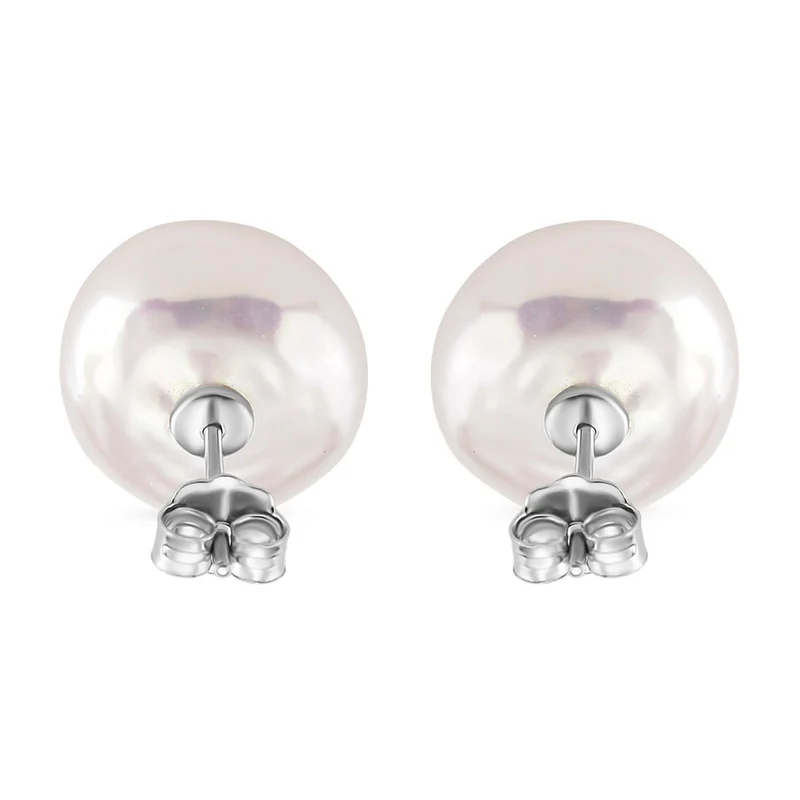 Weiße Keshi Perle (9-11mm) Münz Ohrstecker, 925 Silber rhodiniert