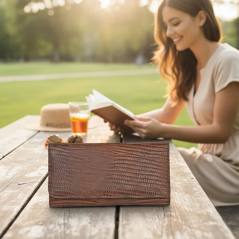 LA MAREY Geldbörse aus Leder mit RFID Schutz und Eidechsen Prägung, 18,4 x 10,2 cm, Schwarz