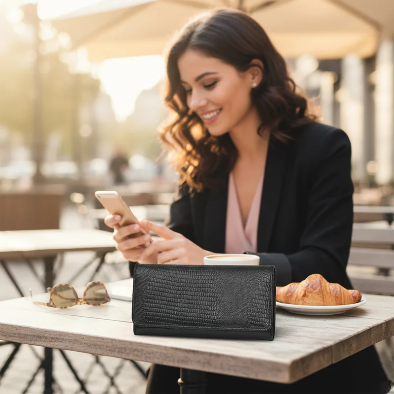 LA MAREY Geldbörse aus Leder mit RFID Schutz und Eidechsen Prägung, 18,4 x 10,2 cm, Schwarz