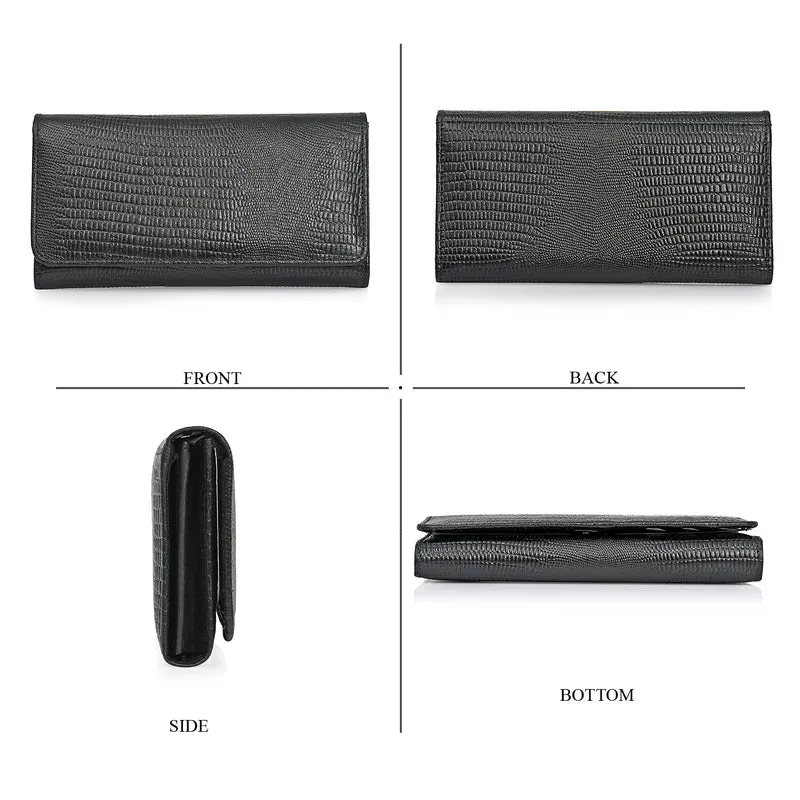 LA MAREY Geldbörse aus Leder mit RFID Schutz und Eidechsen Prägung, 18,4 x 10,2 cm, Schwarz