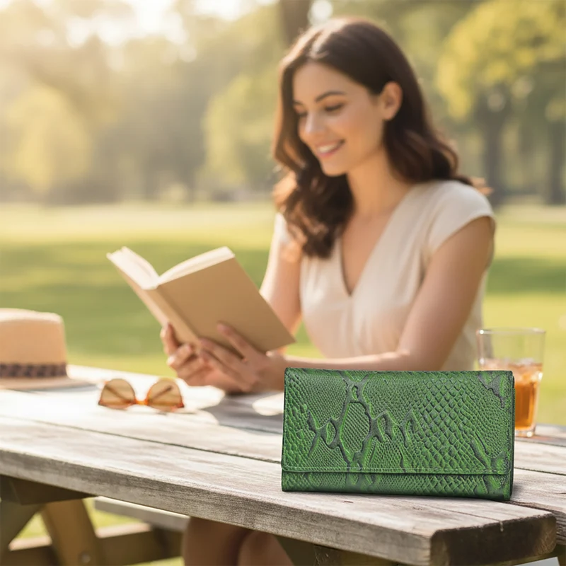 LA MAREY Geldbörse aus Leder mit RFID Schutz und Python Prägung, 18,4 x 10,2 cm, Cremeweiß