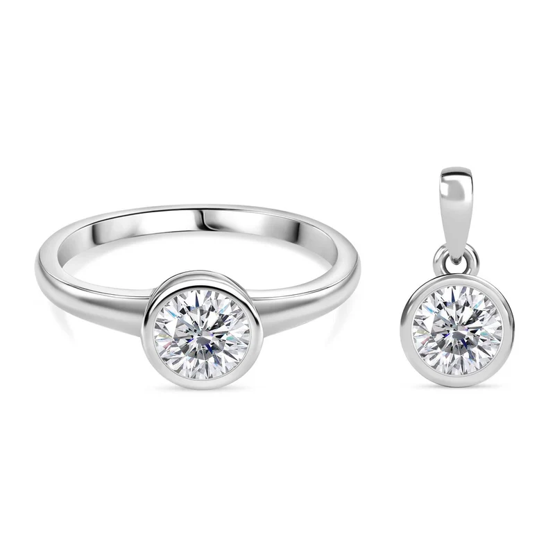 2er Set - Moissanit Ring und Anhänger, 925 Silber platiniert (Größe 19.00) ca. 1.50 ct