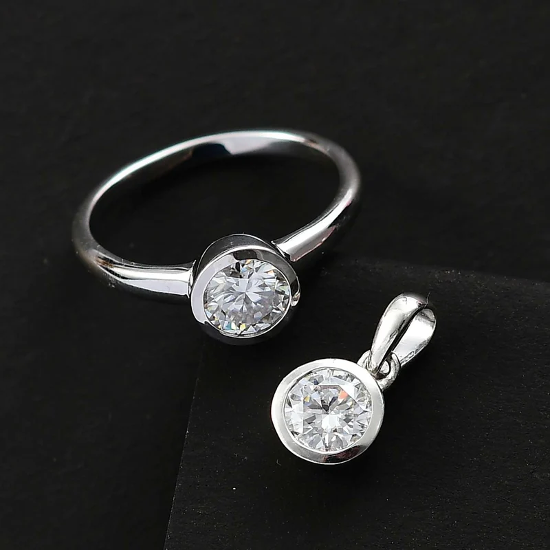 2er Set - Moissanit Ring und Anhänger, 925 Silber platiniert (Größe 19.00) ca. 1.50 ct
