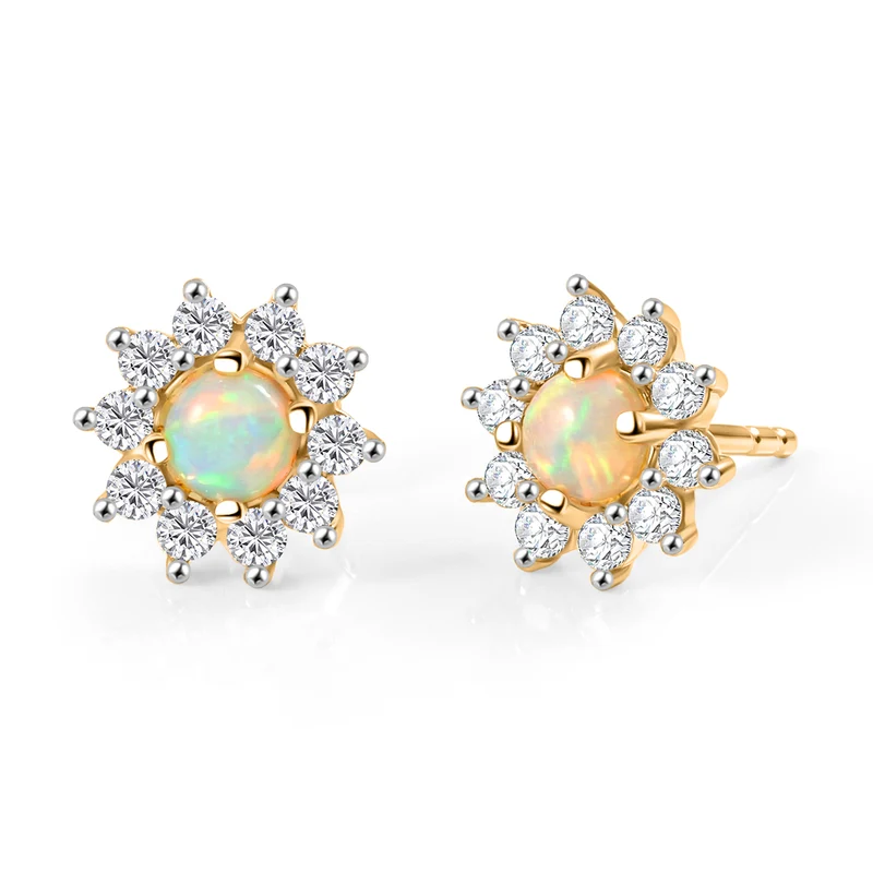 Natürlicher, äthiopischer Welo Opal, Weißer Zirkon Ohrringe 925 Silber Vergoldet ca. 1.03 ct