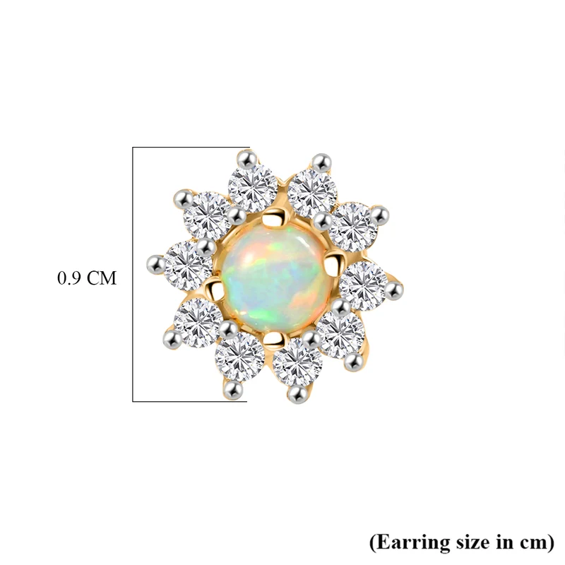 Natürlicher, äthiopischer Welo Opal, Weißer Zirkon Ohrringe 925 Silber Vergoldet ca. 1.03 ct