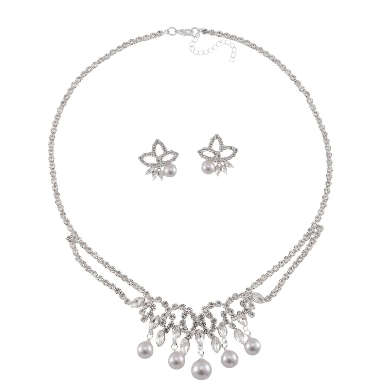 Weißes Muschelkernperle und weißes Kristall Schmuckset, Messing