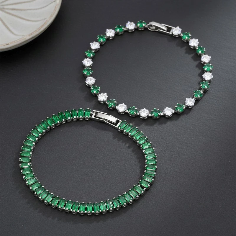 2er Set - Grüner Kristall, Weißer Zirkonia Armband ca. 19 cm, Nickelfreies Messing