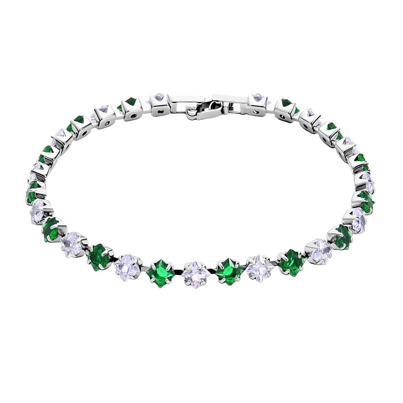 2er Set - Grüner Kristall, Weißer Zirkonia Armband ca. 19 cm, Nickelfreies Messing
