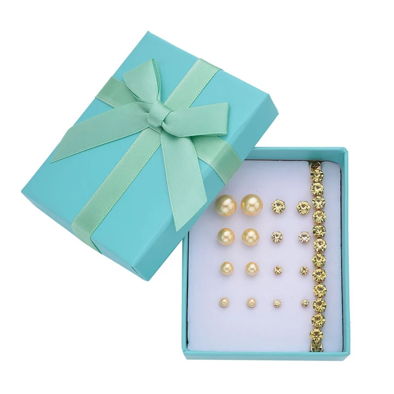 9er-Set - gelbe Muschelkernperle Ohrringe und gelbe Kristall Ohrringe und Armband, Messing und Edelstahl