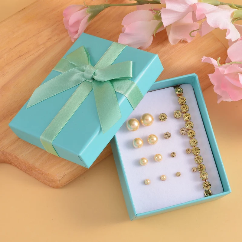 9er-Set - gelbe Muschelkernperle Ohrringe und gelbe Kristall Ohrringe und Armband, Messing und Edelstahl