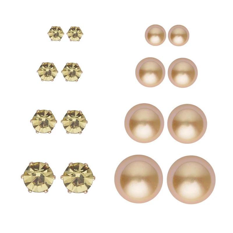 9er-Set - gelbe Muschelkernperle Ohrringe und gelbe Kristall Ohrringe und Armband, Messing und Edelstahl