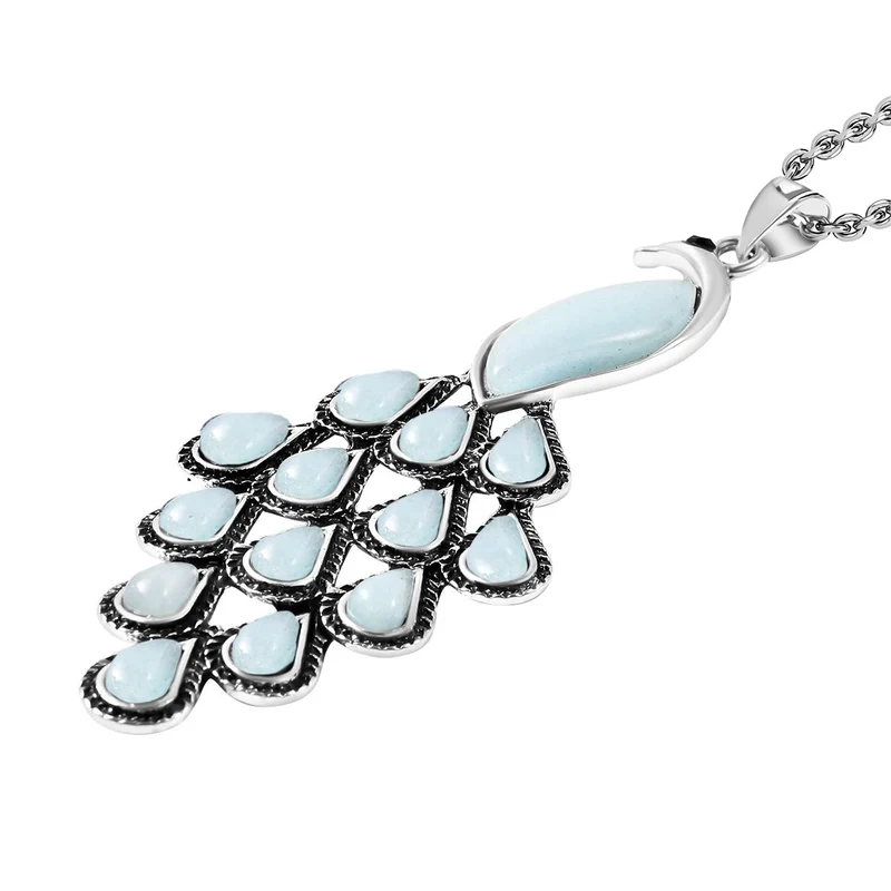 Blauer Quarzit Pfauen-Anhänger mit Kette ca. 72 cm, Antiksilberne Beschichtung