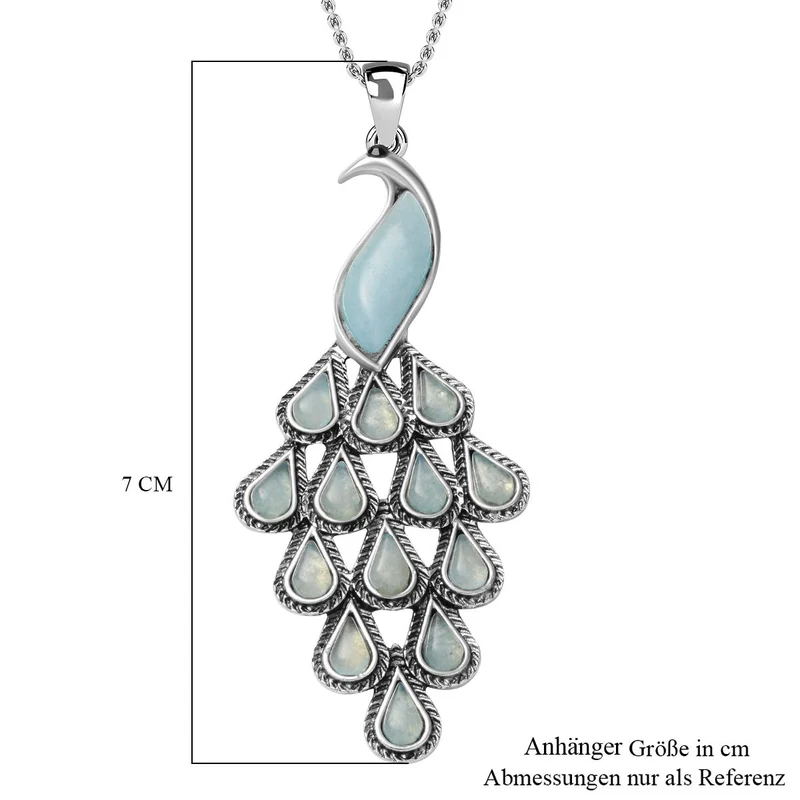 Blauer Quarzit Pfauen-Anhänger mit Kette ca. 72 cm, Antiksilberne Beschichtung