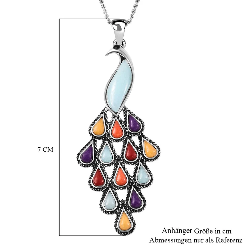 Blauer Quarzit Pfauen-Anhänger mit Kette ca. 72 cm, Antiksilberne Beschichtung
