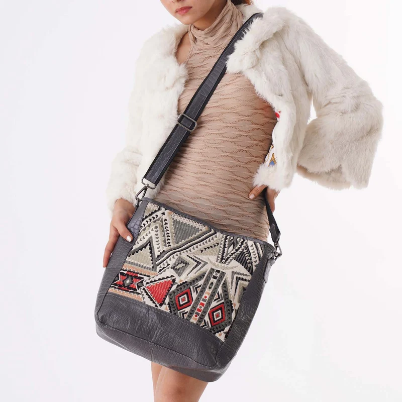 Croco Embossed Genuine Leather and Jacquard Crossbody Bag with Laptop Sleeves SIZE: 35.56(L)x11.45(W)x34.30(W) CM COLOR: Dark Gray