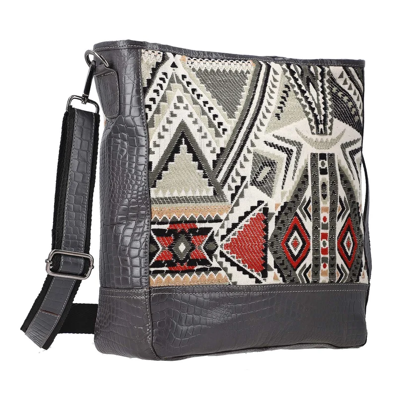 Croco Embossed Genuine Leather and Jacquard Crossbody Bag with Laptop Sleeves SIZE: 35.56(L)x11.45(W)x34.30(W) CM COLOR: Dark Gray