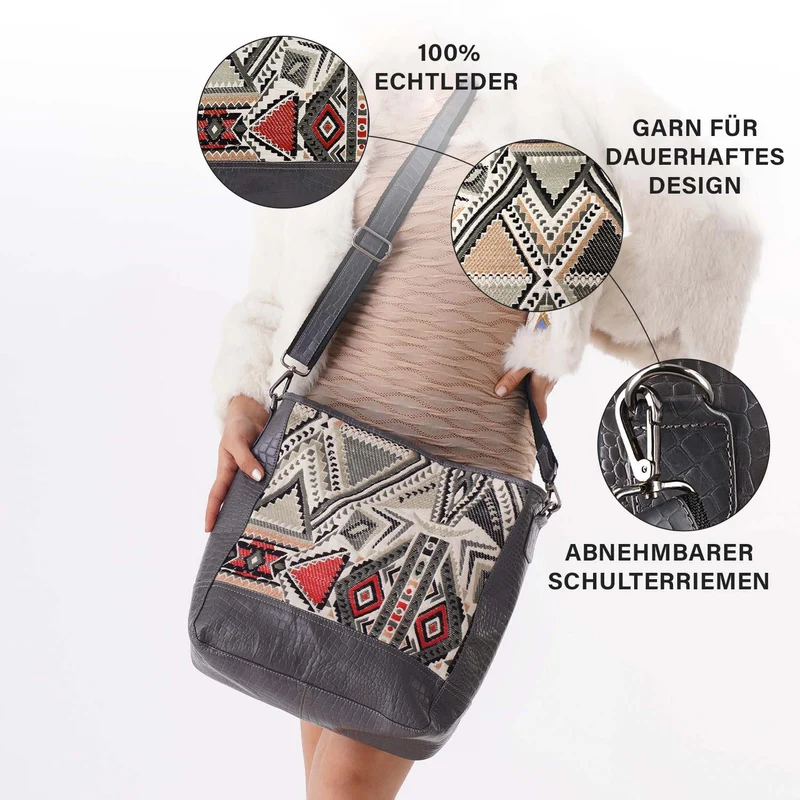 Croco Embossed Genuine Leather and Jacquard Crossbody Bag with Laptop Sleeves SIZE: 35.56(L)x11.45(W)x34.30(W) CM COLOR: Dark Gray