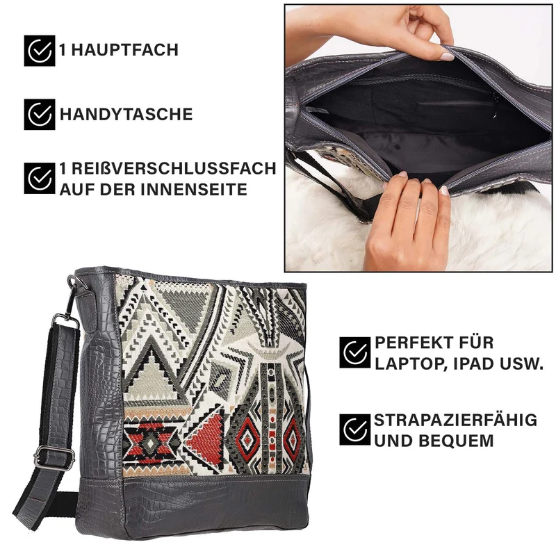 Croco Embossed Genuine Leather and Jacquard Crossbody Bag with Laptop Sleeves SIZE: 35.56(L)x11.45(W)x34.30(W) CM COLOR: Dark Gray