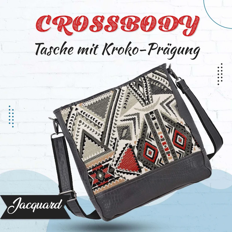 Croco Embossed Genuine Leather and Jacquard Crossbody Bag with Laptop Sleeves SIZE: 35.56(L)x11.45(W)x34.30(W) CM COLOR: Dark Gray