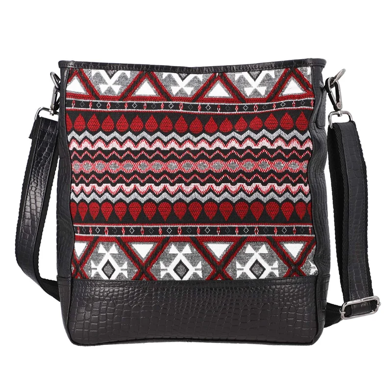 Croco Embossed Genuine Leather and Jacquard Crossbody Bag with Laptop Sleeves SIZE: 35.56(L)x11.45(W)x34.30(W) CM COLOR: Dark Gray