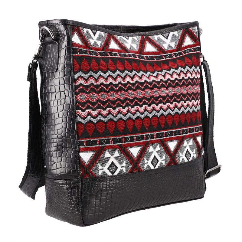 Croco Embossed Genuine Leather and Jacquard Crossbody Bag with Laptop Sleeves SIZE: 35.56(L)x11.45(W)x34.30(W) CM COLOR: Dark Gray