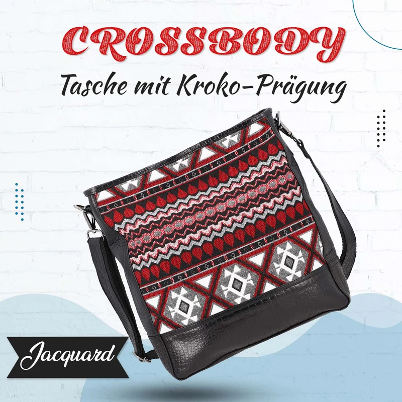 Croco Embossed Genuine Leather and Jacquard Crossbody Bag with Laptop Sleeves SIZE: 35.56(L)x11.45(W)x34.30(W) CM COLOR: Dark Gray