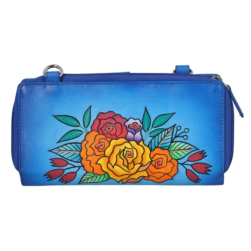 SUKRITI - 100% echter Leder: handbemalte 2-in-1 Brieftasche und adjustable Crossbody Elephant. Größe: 20 x 2.8 x 11 Blau